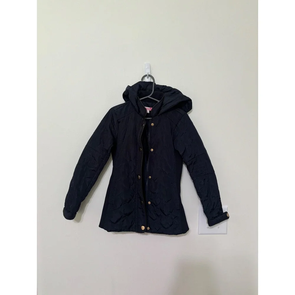 Ci Sono Quilted Puffer Jacket Hooded Gold‎ Button Navy Blue Girl's Size 5